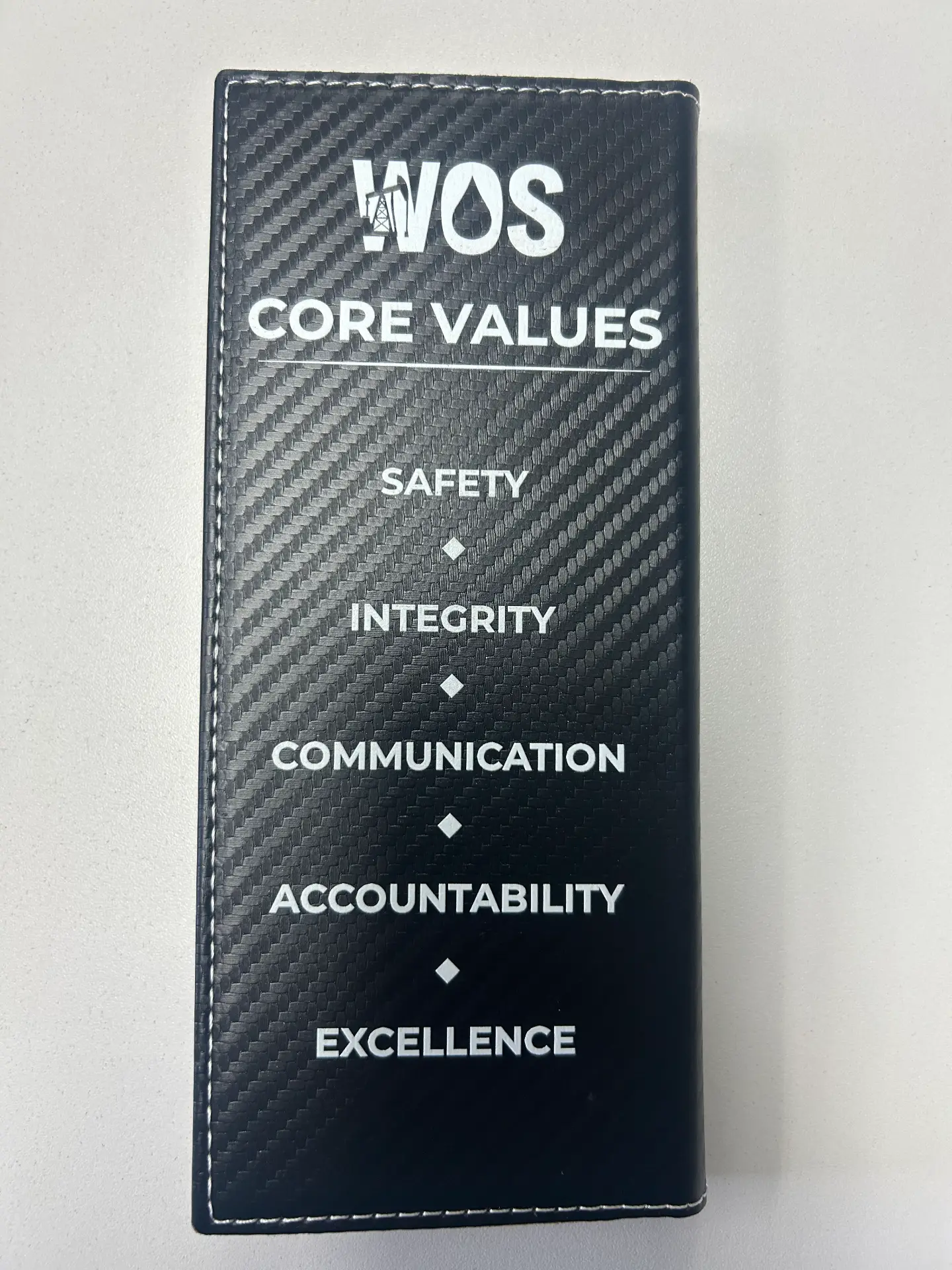 WOS Core Values card: Safety, Integrity, Communication, Accountability, Excellence